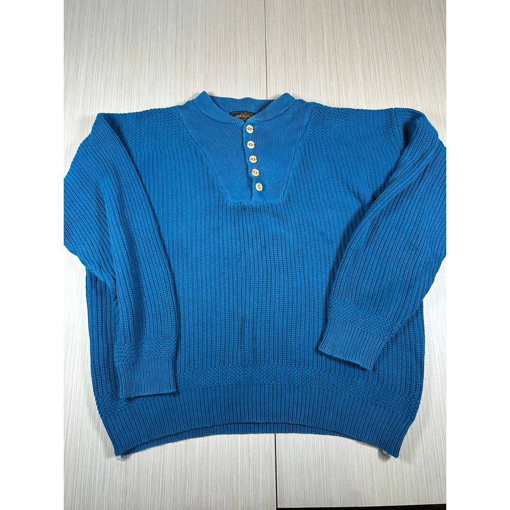 Vintage Eddie Bauer Sweater Mens Large Blue Cotton Knit‎ Henley Neck Outdoor